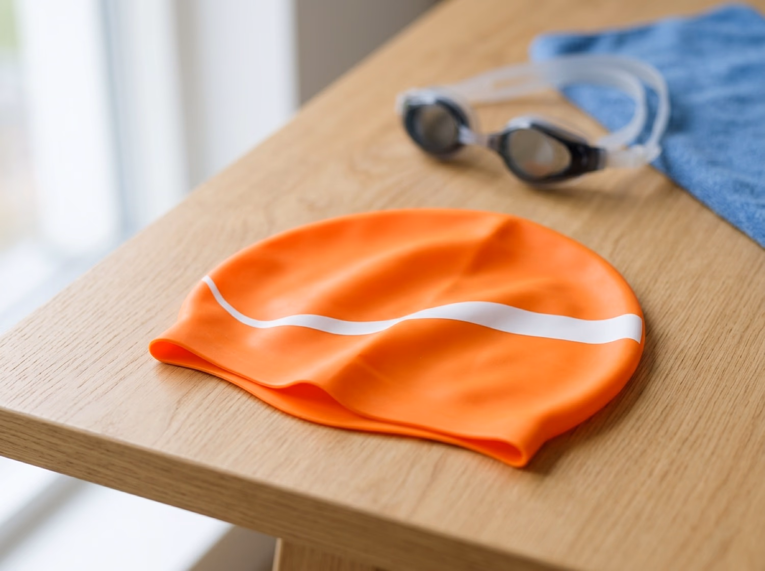 Orange Ultralight-Badekappe neben Schwimmbrille auf Holzoberfläche – ideal für Triathlon