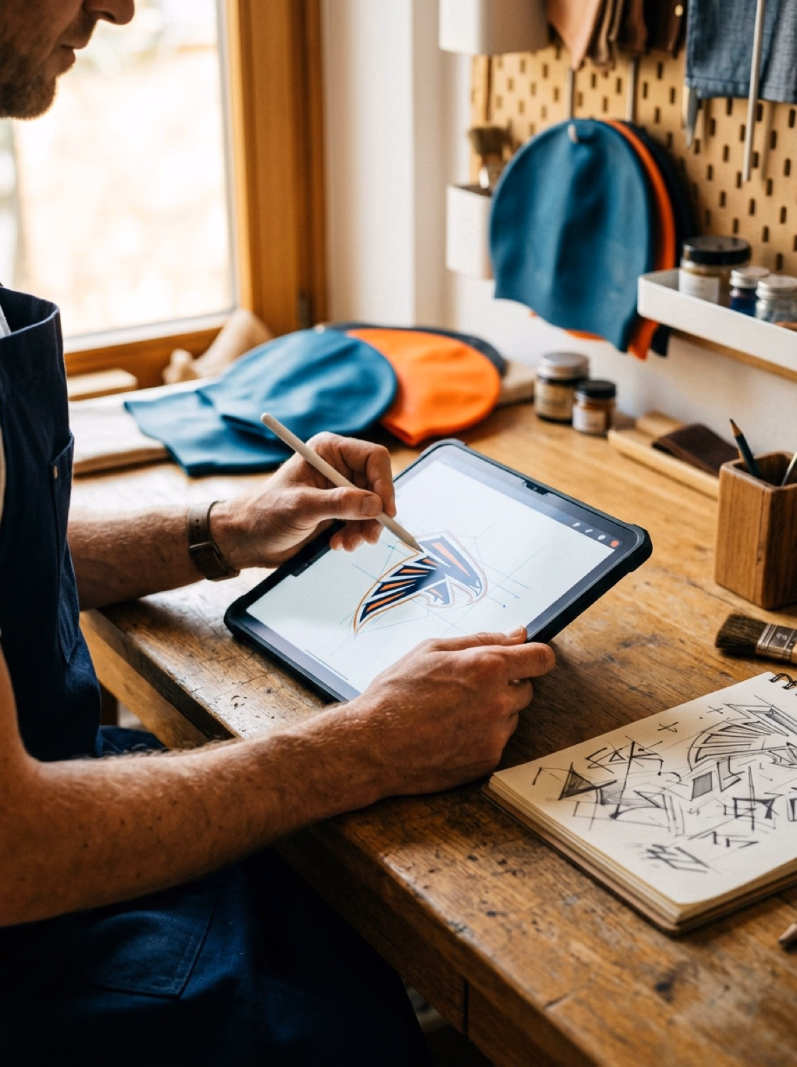 Designer:in skizziert ein abstraktes Vereins-Emblem auf einem Tablet in der Werkstatt
